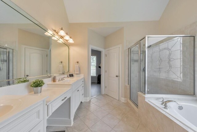 4621 Chartwell Chase Ct, Flowery Branch, GA 30542 - bathroom featuring a shower stall, double vanity, tile patterned flooring, and a bath