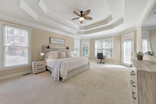 4621 Chartwell Chase Ct, Flowery Branch, GA 30542 - bedroom featuring crown molding, a tray ceiling, light colored carpet, a ceiling fan, and baseboards