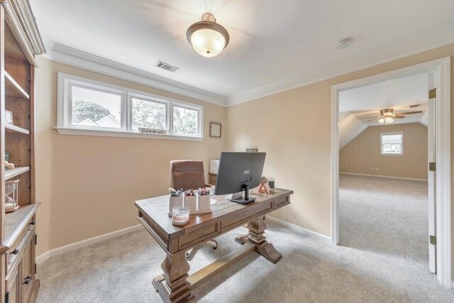 4621 Chartwell Chase Ct, Flowery Branch, GA 30542 - office space with light carpet, a ceiling fan, baseboards, and ornamental molding