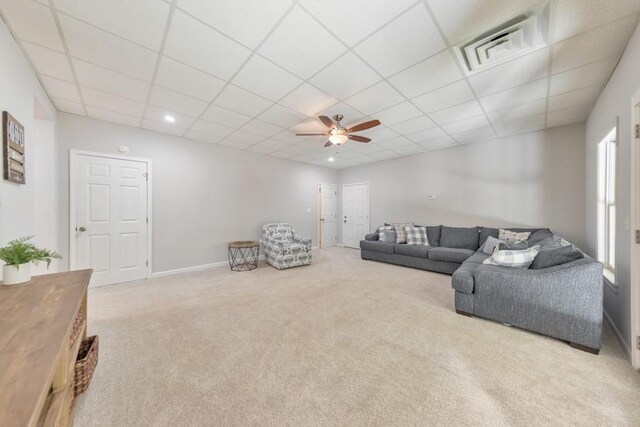 4621 Chartwell Chase Ct, Flowery Branch, GA 30542 - carpeted living area featuring ceiling fan, a paneled ceiling, baseboards, and recessed lighting