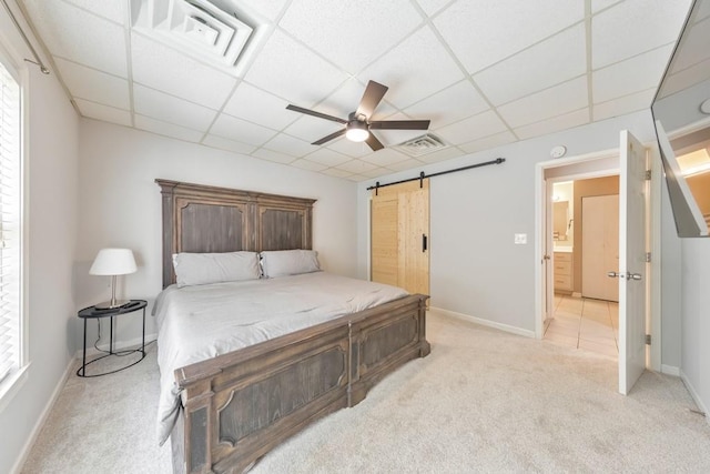 4621 Chartwell Chase Ct, Flowery Branch, GA 30542 - bedroom with a paneled ceiling, light carpet, a barn door, baseboards, and ceiling fan