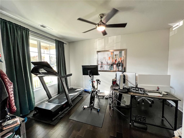 workout area with dark hardwood / wood-style flooring and ceiling fan