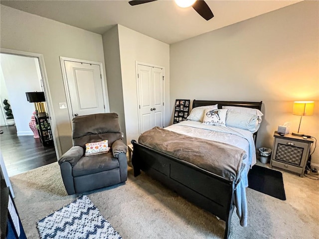 bedroom featuring carpet flooring, ceiling fan, and a closet