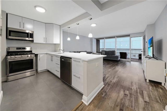 kitchen with light countertops, appliances with stainless steel finishes, open floor plan, a sink, and a peninsula