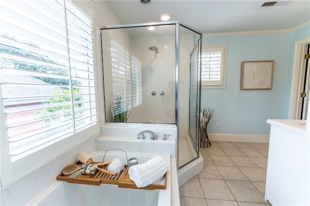 full bath with tile patterned floors, ornamental molding, a stall shower, baseboards, and a bath