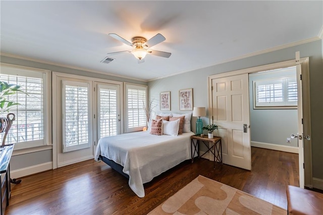 bedroom featuring visible vents, baseboards, access to exterior, ornamental molding, and dark wood finished floors