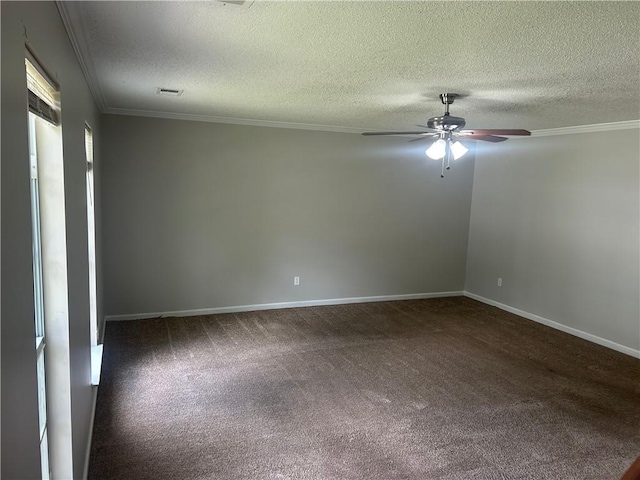 unfurnished room featuring carpet floors, a textured ceiling, ceiling fan, and ornamental molding