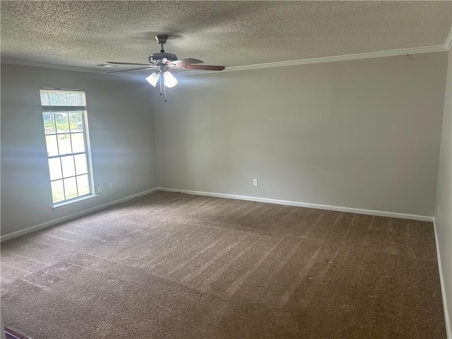 carpeted empty room featuring baseboards, ceiling fan, and a textured ceiling