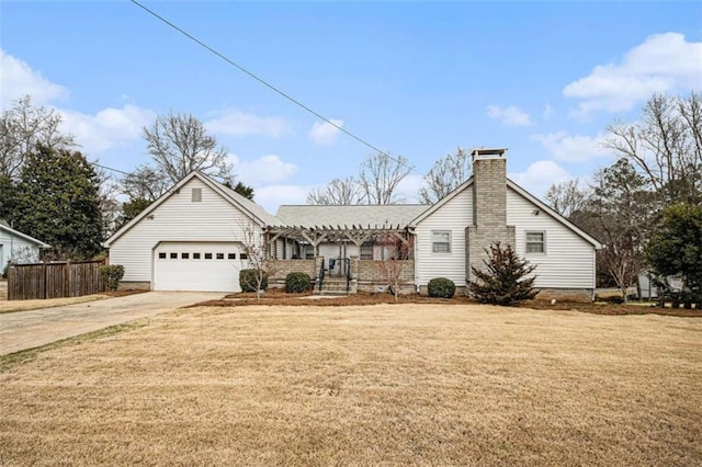 single story home featuring a front lawn, driveway, a pergola, fence, and an attached garage