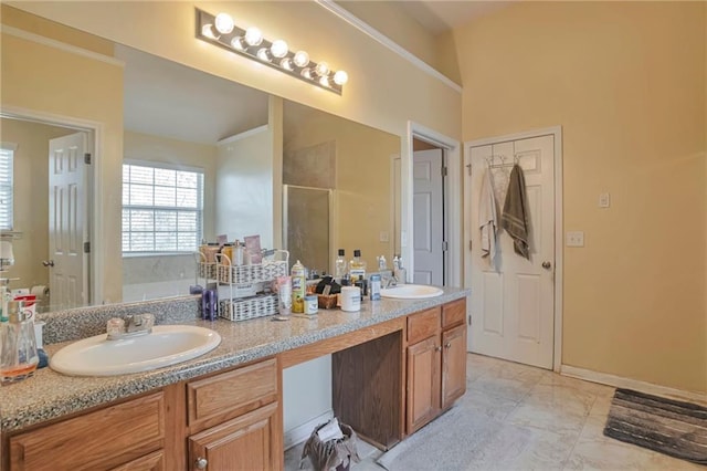 bathroom featuring vanity, an enclosed shower, and lofted ceiling