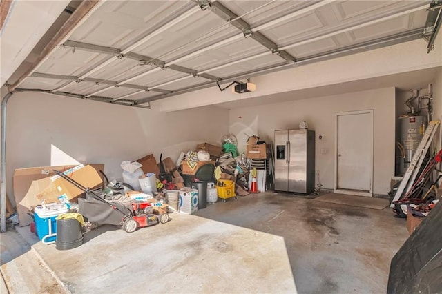 garage with stainless steel fridge with ice dispenser, a garage door opener, and water heater