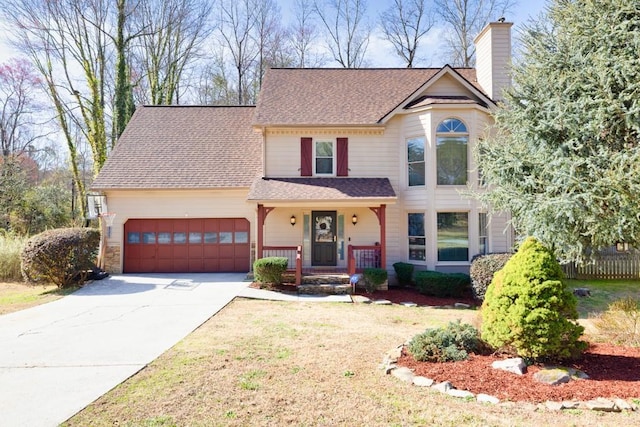 view of front of home featuring concrete driveway, a shingled roof, a chimney, and an attached garage