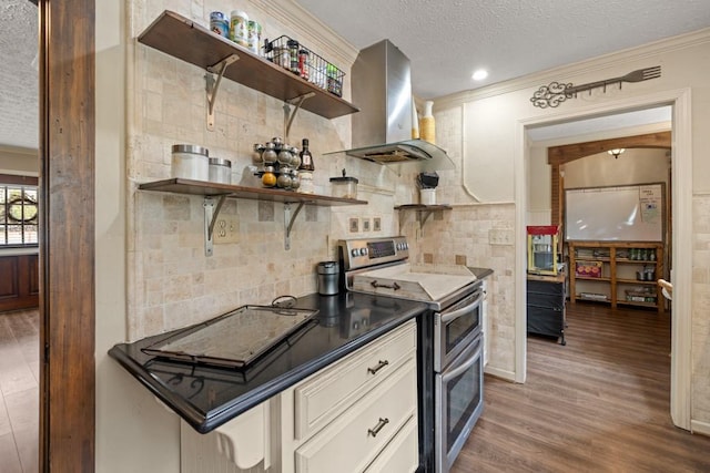 kitchen featuring range with two ovens, dark wood finished floors, island exhaust hood, open shelves, and dark countertops