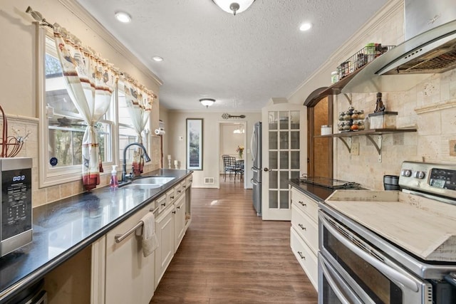 kitchen with dark countertops, dark wood-style floors, ornamental molding, stainless steel appliances, and a sink