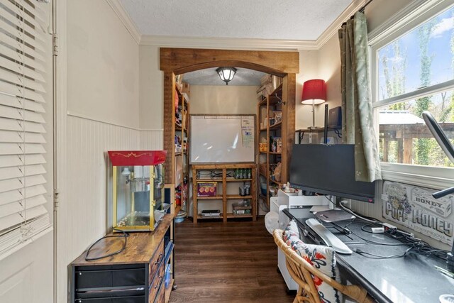 office space featuring a wainscoted wall, crown molding, dark wood finished floors, and a textured ceiling