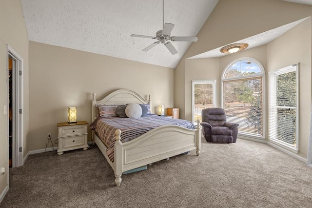 carpeted bedroom featuring a ceiling fan, high vaulted ceiling, a textured ceiling, and baseboards