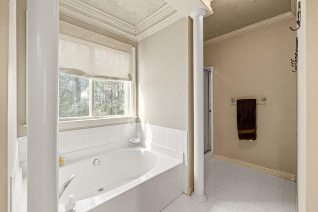 bathroom featuring a stall shower, tile patterned floors, a garden tub, a textured ceiling, and crown molding