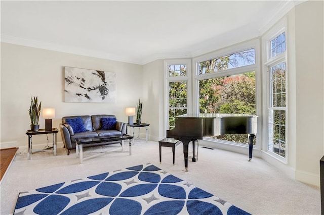 living area featuring baseboards, ornamental molding, and carpet flooring