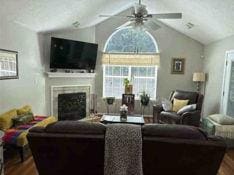 living room featuring lofted ceiling, hardwood / wood-style floors, and ceiling fan