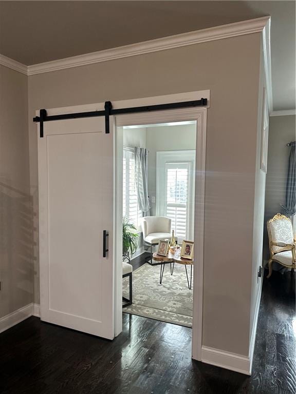 interior space featuring a barn door, dark wood-type flooring, and ornamental molding