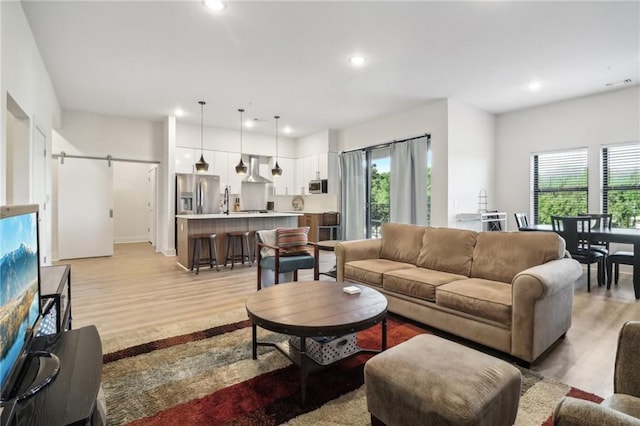 living room with plenty of natural light, a barn door, and light wood-style flooring