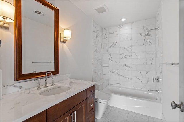 3630 Peachtree Rd NE Unit 2207, Atlanta, GA 30326 - bathroom featuring vanity, toilet,  shower combination, marble finish floors, and recessed lighting