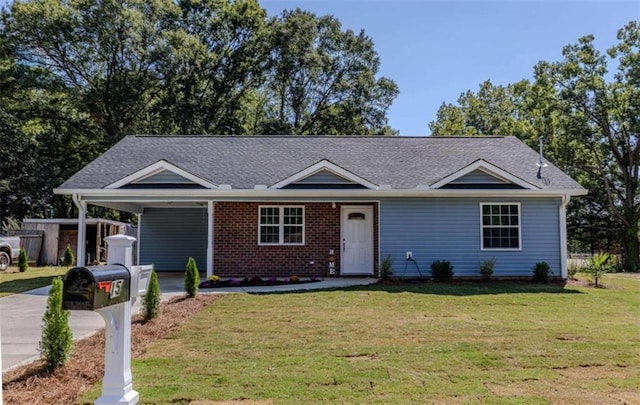 single story home with a front yard and a carport