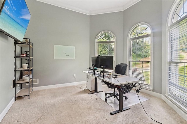 carpeted home office featuring ornamental molding