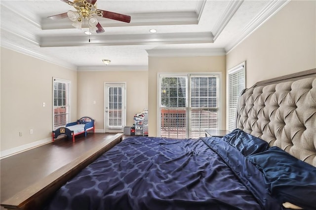 bedroom featuring crown molding, access to outside, a raised ceiling, and ceiling fan