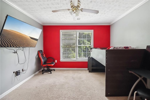 interior space featuring crown molding, carpet, and a textured ceiling