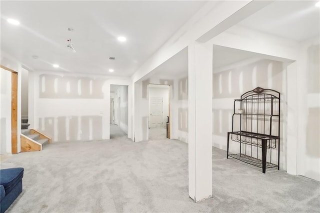 basement with light carpet