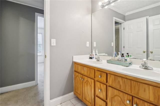 bathroom with vanity, tile patterned floors, and ornamental molding