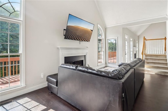 living room with dark wood-type flooring, a healthy amount of sunlight, and vaulted ceiling