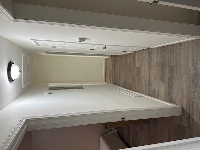 hallway with wooden walls