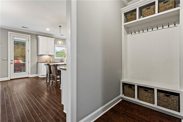 mudroom with ornamental molding, dark wood-type flooring, and sink