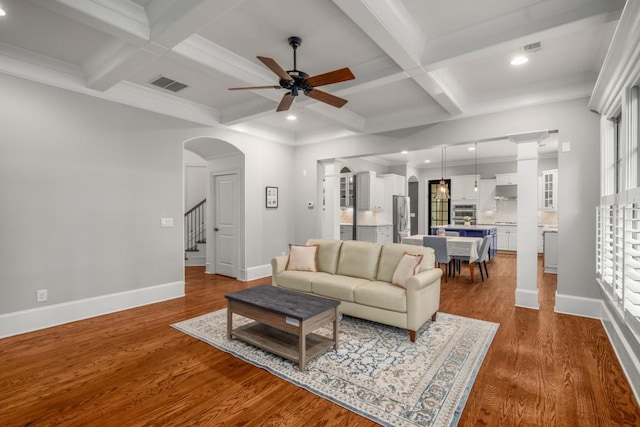 201 Hunley Ct, Alpharetta, GA 30005 - living area featuring baseboards, recessed lighting, coffered ceiling, and ceiling fan