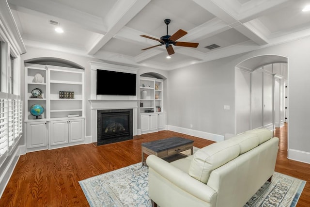 201 Hunley Ct, Alpharetta, GA 30005 - living area featuring a fireplace with flush hearth, beam ceiling, a ceiling fan, and coffered ceiling