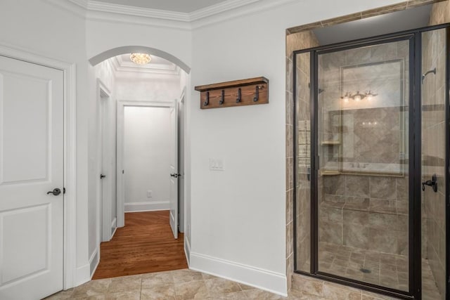 201 Hunley Ct, Alpharetta, GA 30005 - bathroom with a shower stall, wood finished floors, baseboards, and ornamental molding