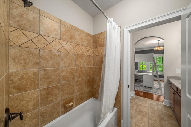 201 Hunley Ct, Alpharetta, GA 30005 - bathroom with shower / tub combo with curtain, tile patterned flooring, vanity, and a notable chandelier
