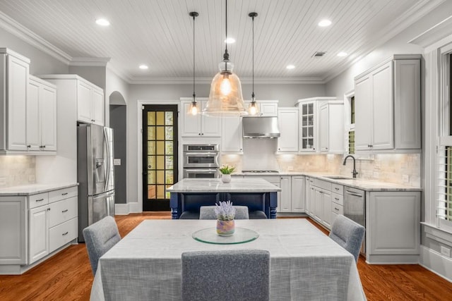 201 Hunley Ct, Alpharetta, GA 30005 - kitchen with a sink, recessed lighting, decorative backsplash, pendant lighting, and appliances with stainless steel finishes