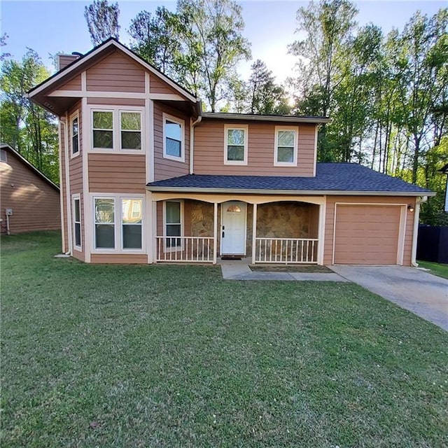 3267 Forette Ln, Lithonia, GA 30038 - view of front of property with roof with shingles, a front lawn, a porch, concrete driveway, and a garage