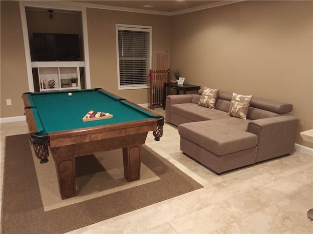 game room featuring billiards and ornamental molding