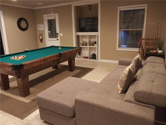 game room with crown molding, billiards, and built in shelves