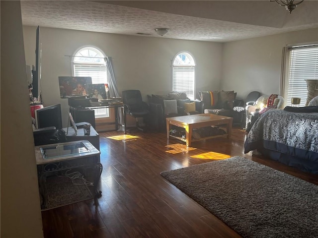 bedroom with multiple windows, a textured ceiling, and dark hardwood / wood-style floors