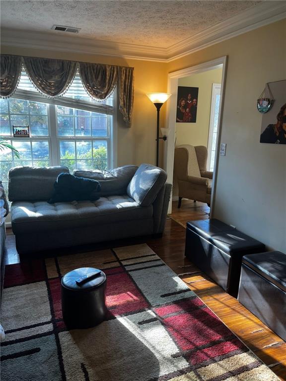 living room with ornamental molding, a textured ceiling, and dark hardwood / wood-style floors