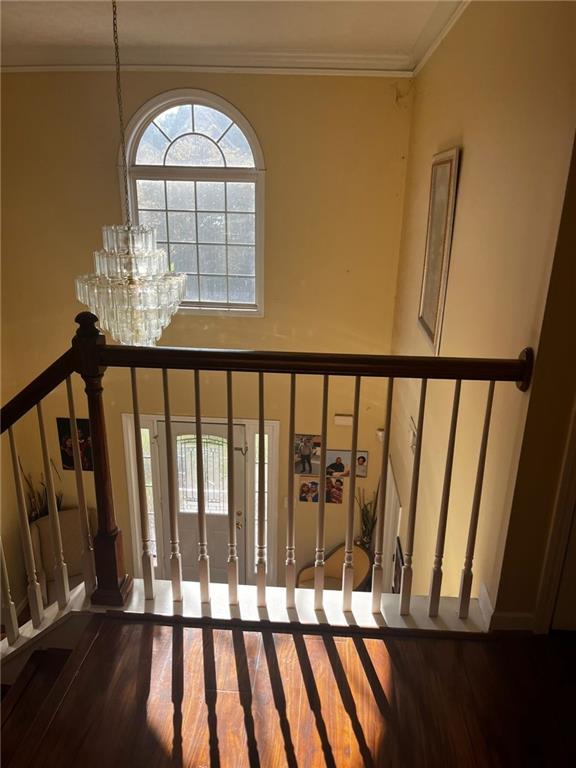 stairs featuring an inviting chandelier, hardwood / wood-style flooring, and crown molding