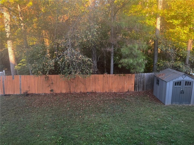 view of yard with a storage shed