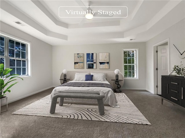 bedroom with a raised ceiling and dark colored carpet