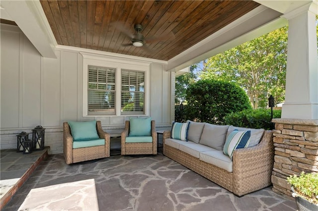 view of patio / terrace featuring ceiling fan and an outdoor living space