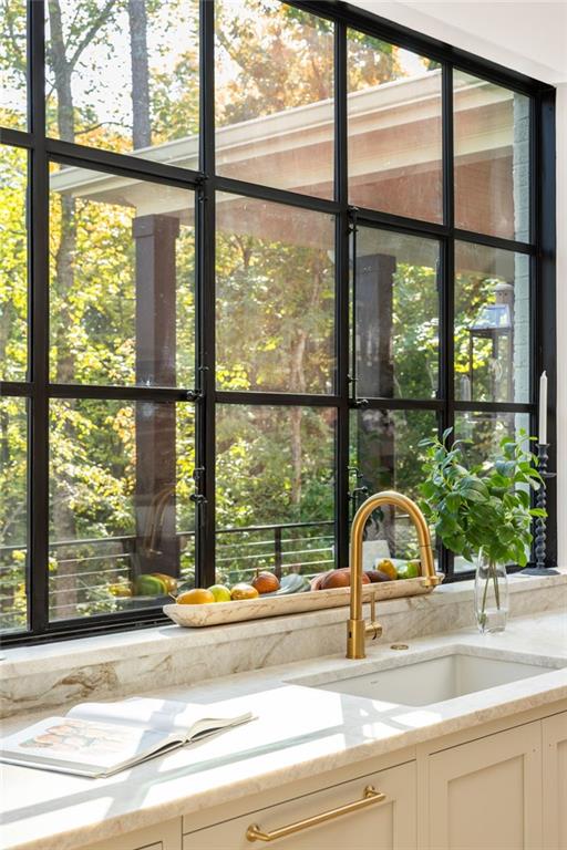 details with light stone counters and a sink